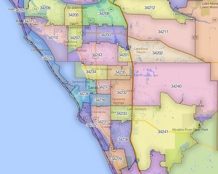 Sarasota Florida Zip code map for searching sarasota real estate listings
